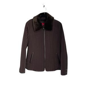 Esprit Women's Brown Zip-Front Quilted Coat- Removable Faux Fur Collar - Size XL